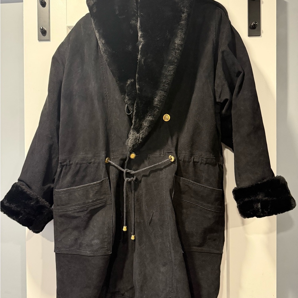 Vintage Black Suede Coat With Faux Fur Accents by Middlebrook Park Ladies Small